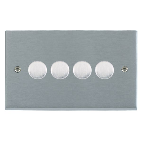 Cheriton Victorian Satin Chrome 4 gang 250W LED 2 Way Push On/Off Rotary Dimmer Satin Chrome Minimum Load = 5W(LED) Maximum Load = 250W(LED) Trailing Edge / 150W(LED) Leading Edge per gang
