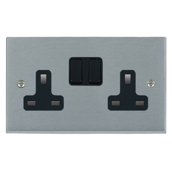 Cheriton Victorian Satin Chrome 2 gang 13A Double Pole Switched Socket Black/Black