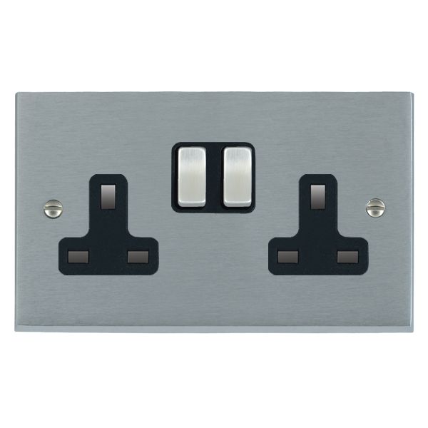 Cheriton Victorian Satin Chrome 2 gang 13A Double Pole Switched Socket Satin Chrome/Black