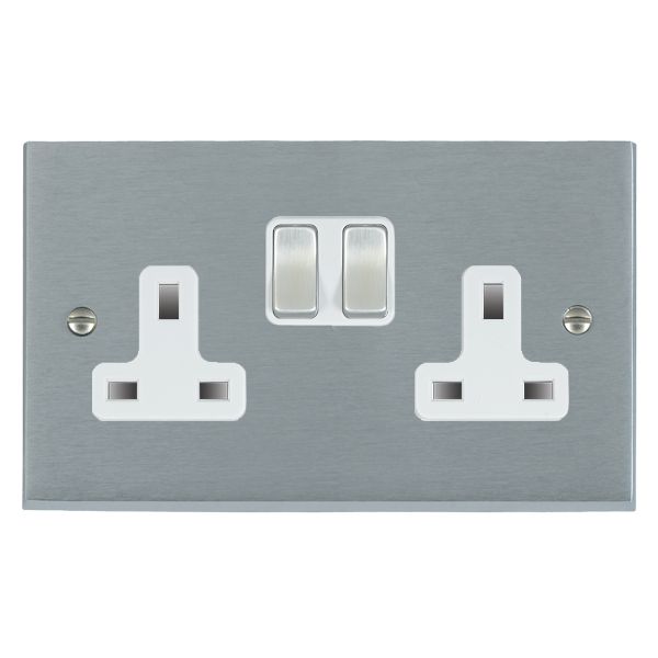 Cheriton Victorian Satin Chrome 2 gang 13A Double Pole Switched Socket Satin Chrome/White