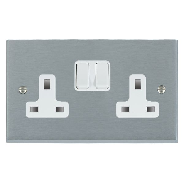 Cheriton Victorian Satin Chrome 2 gang 13A Double Pole Switched Socket White/White