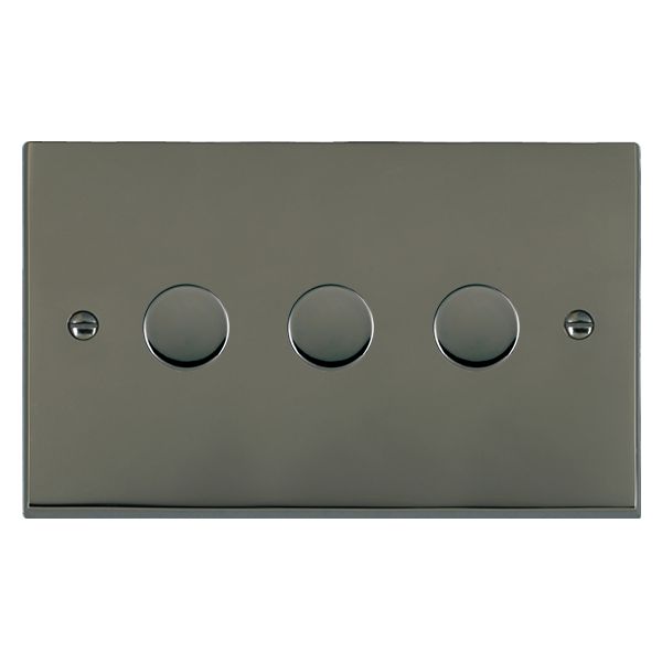 Cheriton Victorian Black Nickel 3 gang 250W LED 2 Way Push On/Off Rotary Dimmer Black Nickel Minimum Load = 5W(LED) Maximum Load = 250W(LED) Trailing Edge / 150W(LED) Leading Edge per gang