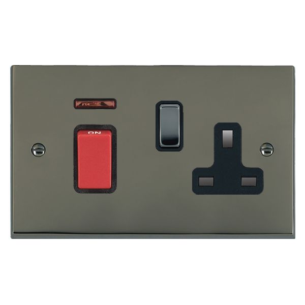 Cheriton Victorian Black Nickel 45A Double Pole Rocker + Neon + 13A Switched Socket Red+Black Nickel/Black