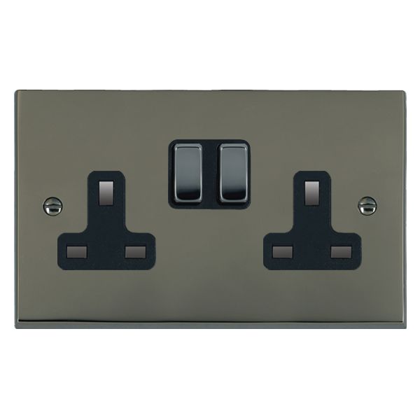 Cheriton Victorian Black Nickel 2 gang 13A Double Pole Switched Socket Black Nickel/Black