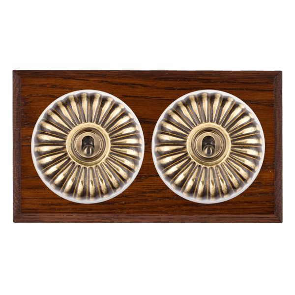 Bloomsbury Chamfered Antique Mahogany 2 gang 20AX 2 Way Toggle Antique Brass Fluted Dome/White Collar