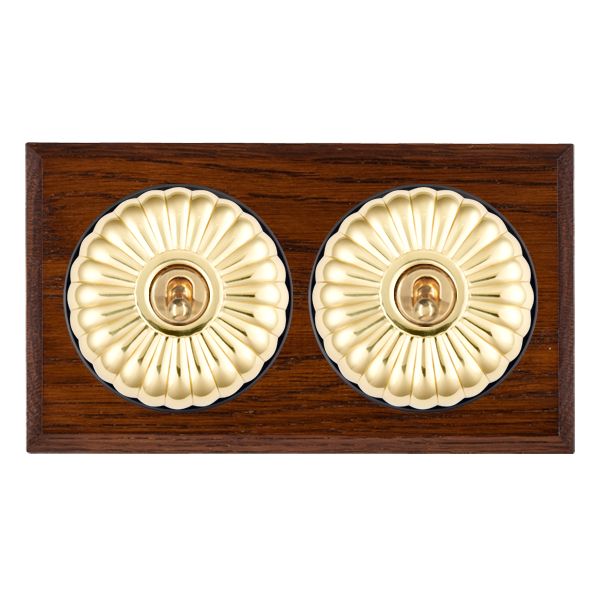 Bloomsbury Chamfered Antique Mahogany 2 gang 20AX 2 Way Toggle Polished Brass Fluted Dome/Black Collar