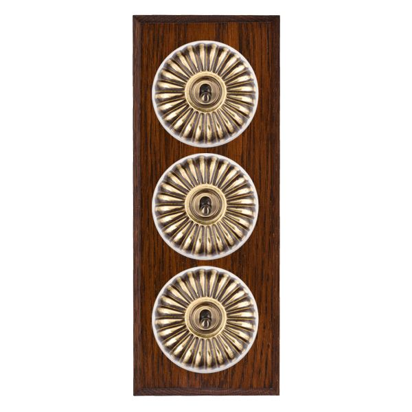Bloomsbury Chamfered Antique Mahogany 3 gang 20AX 2 Way Toggle Antique Brass Fluted Dome/White Collar