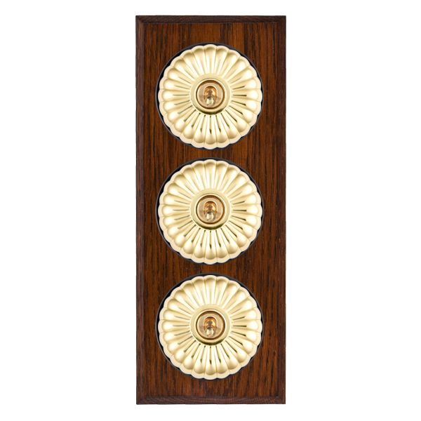 Bloomsbury Chamfered Antique Mahogany 3 gang 20AX 2 Way Toggle Polished Brass Fluted Dome/Black Collar
