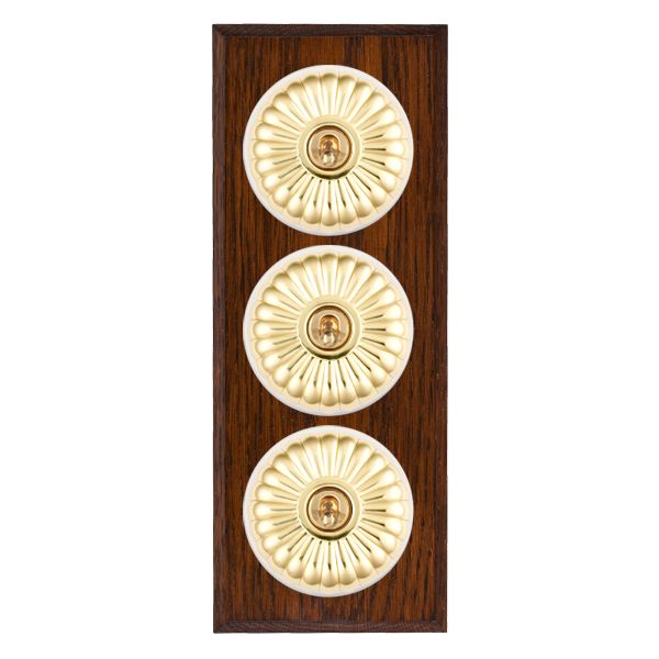 Bloomsbury Chamfered Antique Mahogany 3 gang 20AX 2 Way Toggle Polished Brass Fluted Dome/White Collar