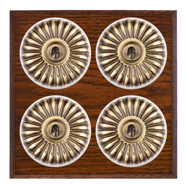 Bloomsbury Chamfered Antique Mahogany 4 gang 20AX 2 Way Toggle Antique Brass Fluted Dome/White Collar