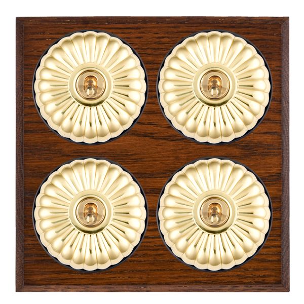 Bloomsbury Chamfered Antique Mahogany 4 gang 20AX 2 Way Toggle Polished Brass Fluted Dome/Black Collar