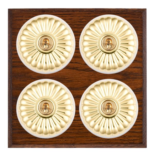 Bloomsbury Chamfered Antique Mahogany 4 gang 20AX 2 Way Toggle Polished Brass Fluted Dome/White Collar