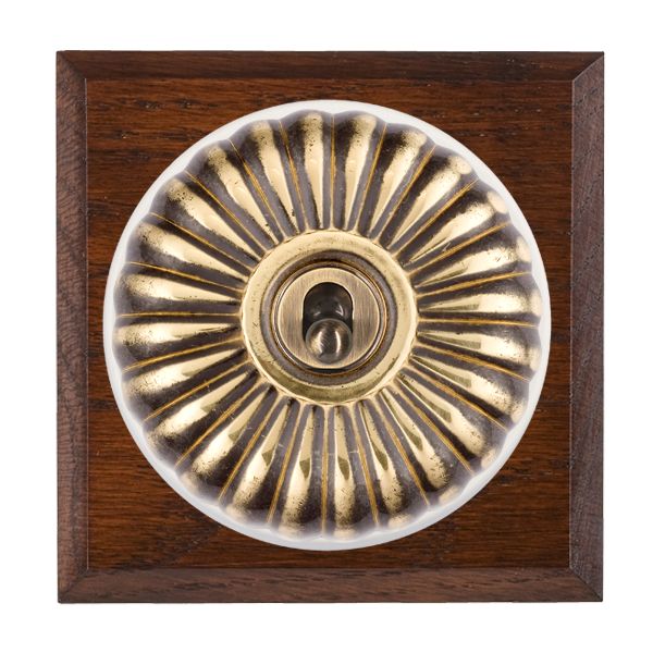 Bloomsbury Chamfered Antique Mahogany 1 gang 20AX Intermediate Toggle Antique Brass Fluted Dome/White Collar