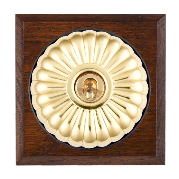 Bloomsbury Chamfered Antique Mahogany 1 gang 20AX Intermediate Toggle Polished Brass Fluted Dome/Black Collar