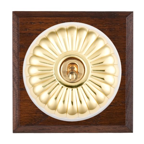 Bloomsbury Chamfered Antique Mahogany 1 gang 20AX Intermediate Toggle Polished Brass Fluted Dome/White Collar