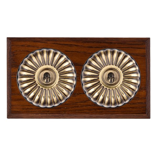Bloomsbury Chamfered Antique Mahogany 2 gang 20AX Intermediate Toggle Antique Brass Fluted Dome/Black Collar