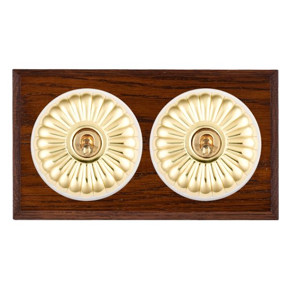 Bloomsbury Chamfered Antique Mahogany 2 gang 20AX Intermediate Toggle Polished Brass Fluted Dome/White Collar