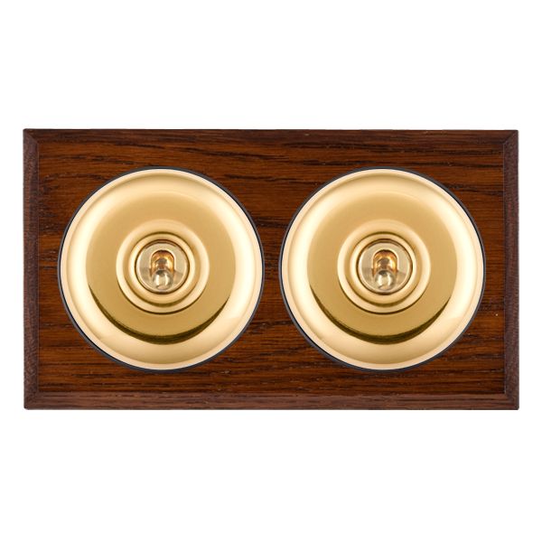 Bloomsbury Chamfered Antique Mahogany 2 gang 20AX 2 Way Toggle Polished Brass Plain Dome/Black Collar
