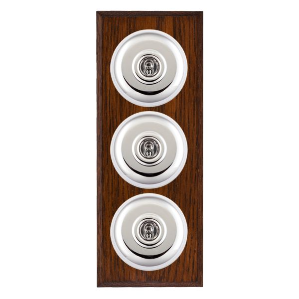 Bloomsbury Chamfered Antique Mahogany 3 gang 20AX 2 Way Toggle Bright Chrome Plain Dome/White Collar