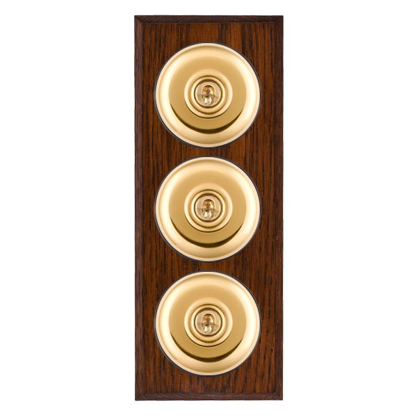 Bloomsbury Chamfered Antique Mahogany 3 gang 20AX 2 Way Toggle Polished Brass Plain Dome/Black Collar