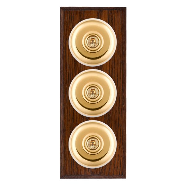 Bloomsbury Chamfered Antique Mahogany 3 gang 20AX 2 Way Toggle Polished Brass Plain Dome/White Collar