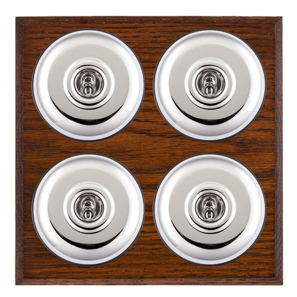 Bloomsbury Chamfered Antique Mahogany 4 gang 20AX 2 Way Toggle Bright Chrome Plain Dome/Black Collar