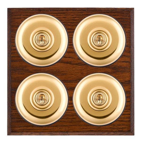 Bloomsbury Chamfered Antique Mahogany 4 gang 20AX 2 Way Toggle Polished Brass Plain Dome/Black Collar