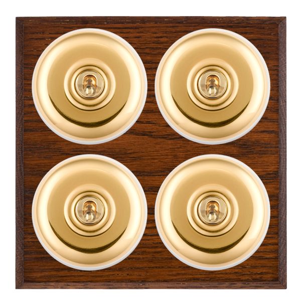 Bloomsbury Chamfered Antique Mahogany 4 gang 20AX 2 Way Toggle Polished Brass Plain Dome/White Collar