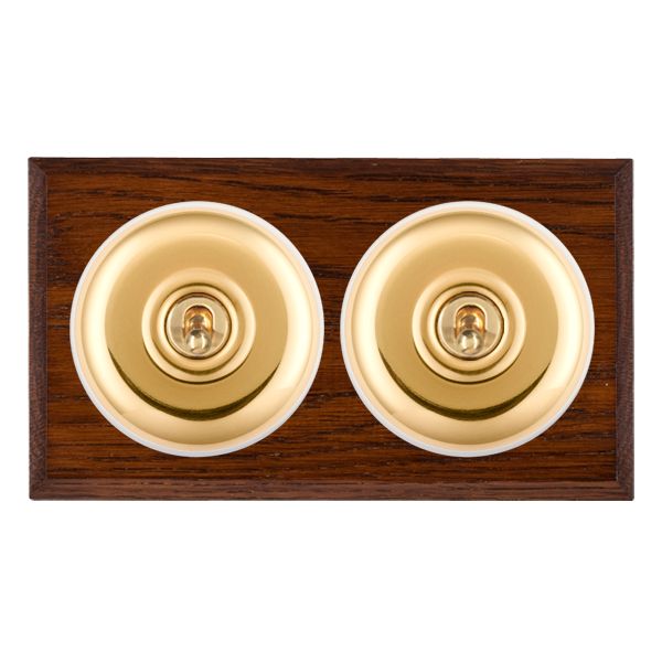 Bloomsbury Chamfered Antique Mahogany 2 gang 20AX Intermediate Toggle Polished Brass Plain Dome/White Collar