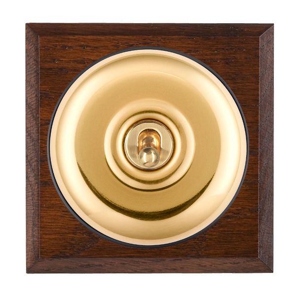 Bloomsbury Chamfered Antique Mahogany 1 gang 20AX Double Pole Toggle Polished Brass Plain Dome/Black Collar
