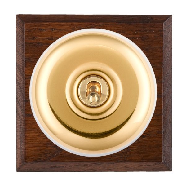 Bloomsbury Chamfered Antique Mahogany 1 gang 20AX Double Pole Toggle Polished Brass Plain Dome/White Collar