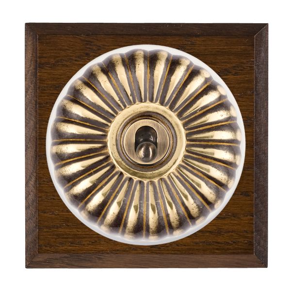 Bloomsbury Chamfered Dark Oak 1 gang 20AX 2 Way Toggle Antique Brass Fluted Dome/White Collar