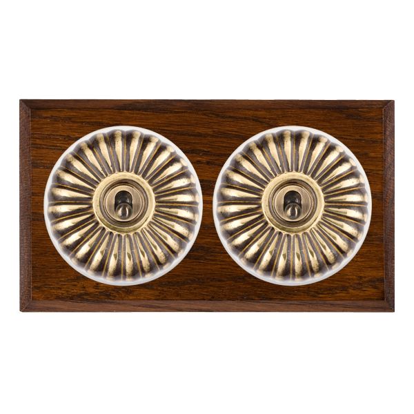 Bloomsbury Chamfered Dark Oak 2 gang 20AX 2 Way Toggle Antique Brass Fluted Dome/White Collar