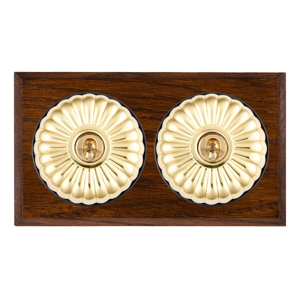 Bloomsbury Chamfered Dark Oak 2 gang 20AX 2 Way Toggle Polished Brass Fluted Dome/Black Collar