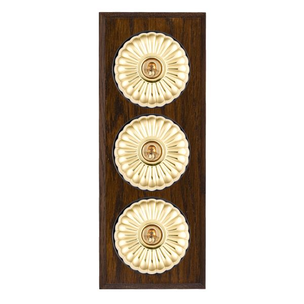 Bloomsbury Chamfered Dark Oak 3 gang 20AX 2 Way Toggle Polished Brass Fluted Dome/Black Collar