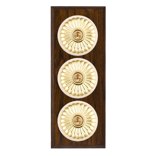 Bloomsbury Chamfered Dark Oak 3 gang 20AX 2 Way Toggle Polished Brass Fluted Dome/White Collar