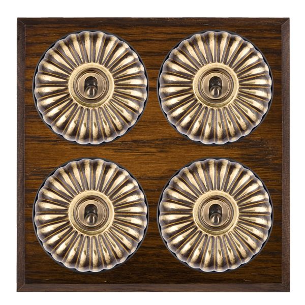 Bloomsbury Chamfered Dark Oak 4 gang 20AX 2 Way Toggle Antique Brass Fluted Dome/Black Collar