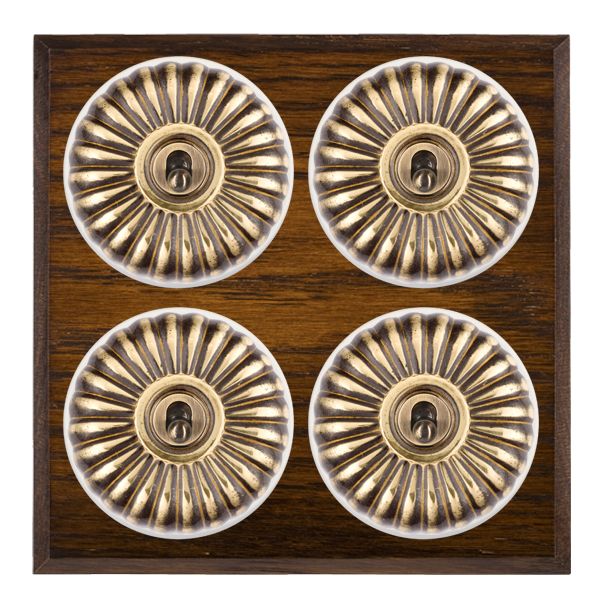 Bloomsbury Chamfered Dark Oak 4 gang 20AX 2 Way Toggle Antique Brass Fluted Dome/White Collar