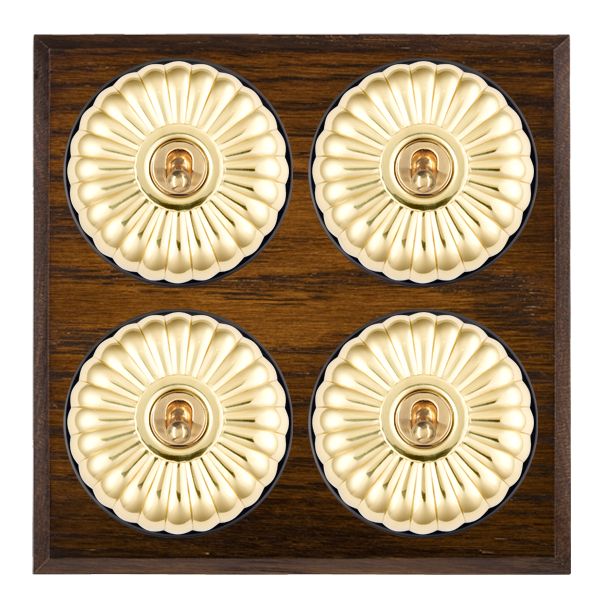 Bloomsbury Chamfered Dark Oak 4 gang 20AX 2 Way Toggle Polished Brass Fluted Dome/Black Collar