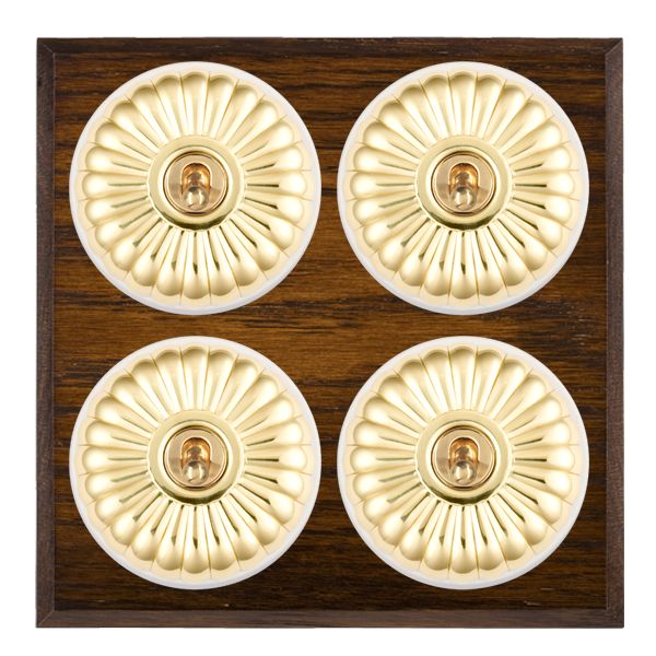 Bloomsbury Chamfered Dark Oak 4 gang 20AX 2 Way Toggle Polished Brass Fluted Dome/White Collar