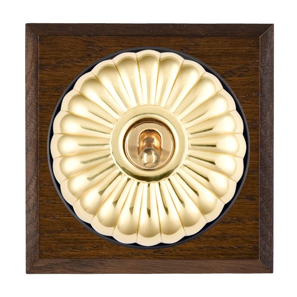 Bloomsbury Chamfered Dark Oak 1 gang 20AX Intermediate Toggle Polished Brass Fluted Dome/Black Collar