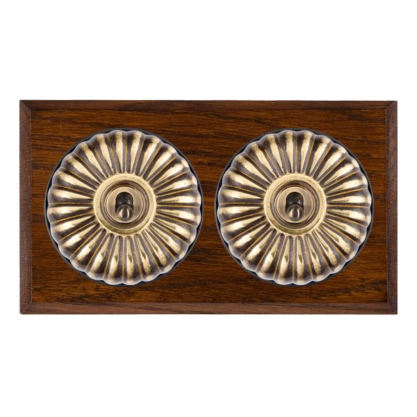 Bloomsbury Chamfered Dark Oak 2 gang 20AX Intermediate Toggle Antique Brass Fluted Dome/Black Collar