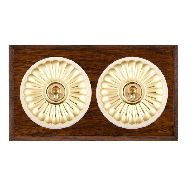 Bloomsbury Chamfered Dark Oak 2 gang 20AX Intermediate Toggle Polished Brass Fluted Dome/White Collar