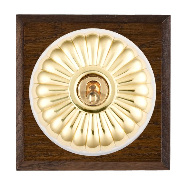 Bloomsbury Chamfered Dark Oak 1 gang 20AX Double Pole Toggle Polished Brass Fluted Dome/White Collar