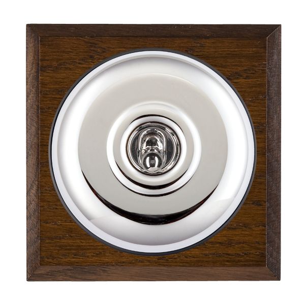 Bloomsbury Chamfered Dark Oak 1 gang 20AX 2 Way Toggle Bright Chrome Plain Dome/Black Collar