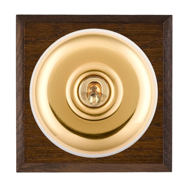 Bloomsbury Chamfered Dark Oak 1 gang 20AX 2 Way Toggle Polished Brass Plain Dome/White Collar