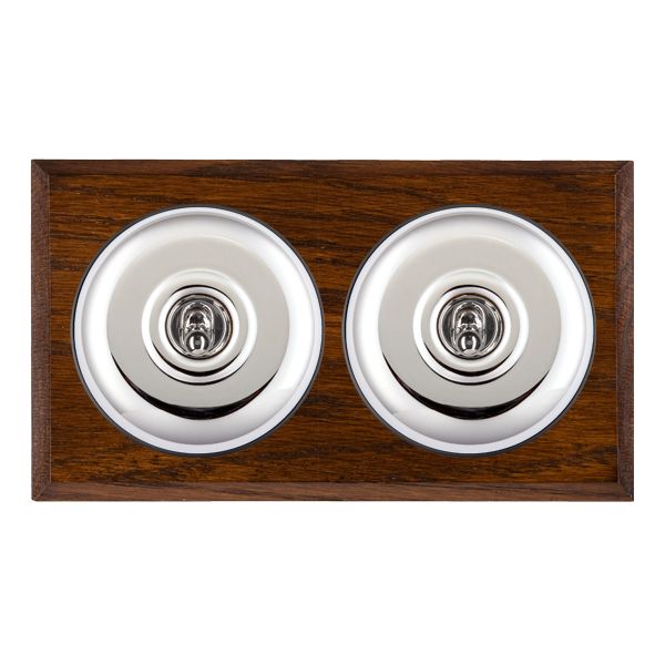 Bloomsbury Chamfered Dark Oak 2 gang 20AX 2 Way Toggle Bright Chrome Plain Dome/Black Collar