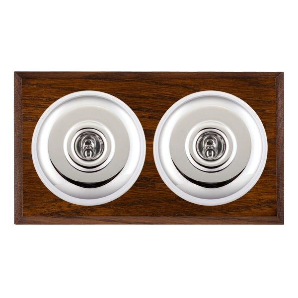 Bloomsbury Chamfered Dark Oak 2 gang 20AX 2 Way Toggle Bright Chrome Plain Dome/White Collar