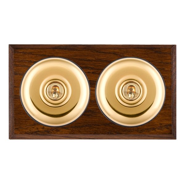 Bloomsbury Chamfered Dark Oak 2 gang 20AX 2 Way Toggle Polished Brass Plain Dome/Black Collar