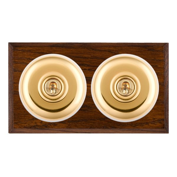 Bloomsbury Chamfered Dark Oak 2 gang 20AX 2 Way Toggle Polished Brass Plain Dome/White Collar